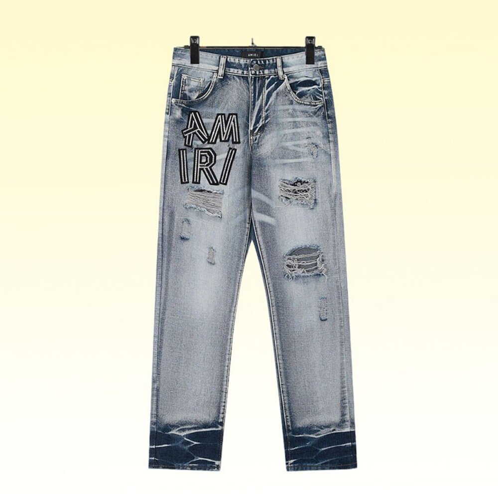 Amiri Embroidered Letter Printed Ripped Raw Jeans
